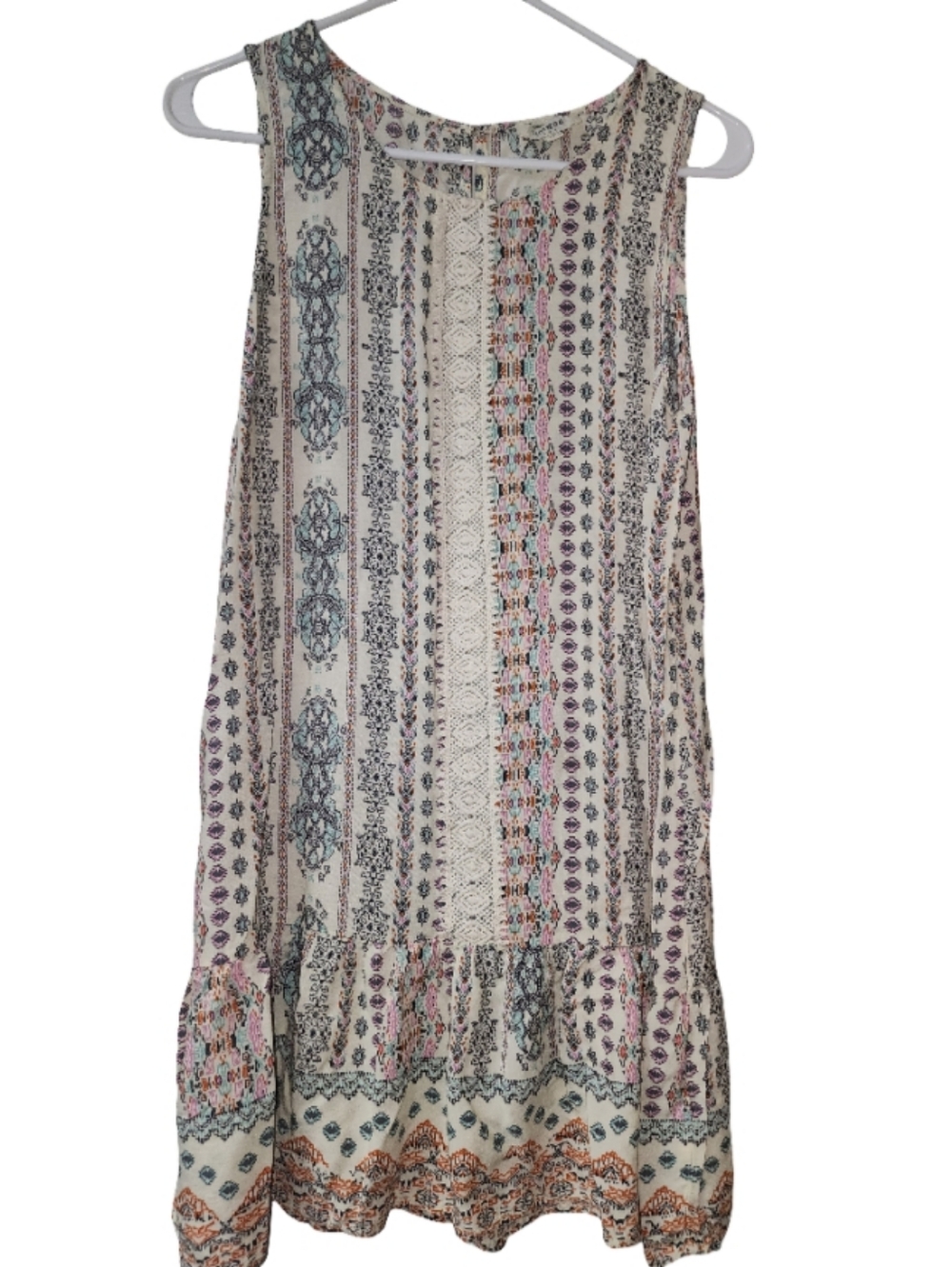 UMGEE Boho Aztec Shift Dress Sleeveless Ruffle Crochet Panel Festival Mini Sz M